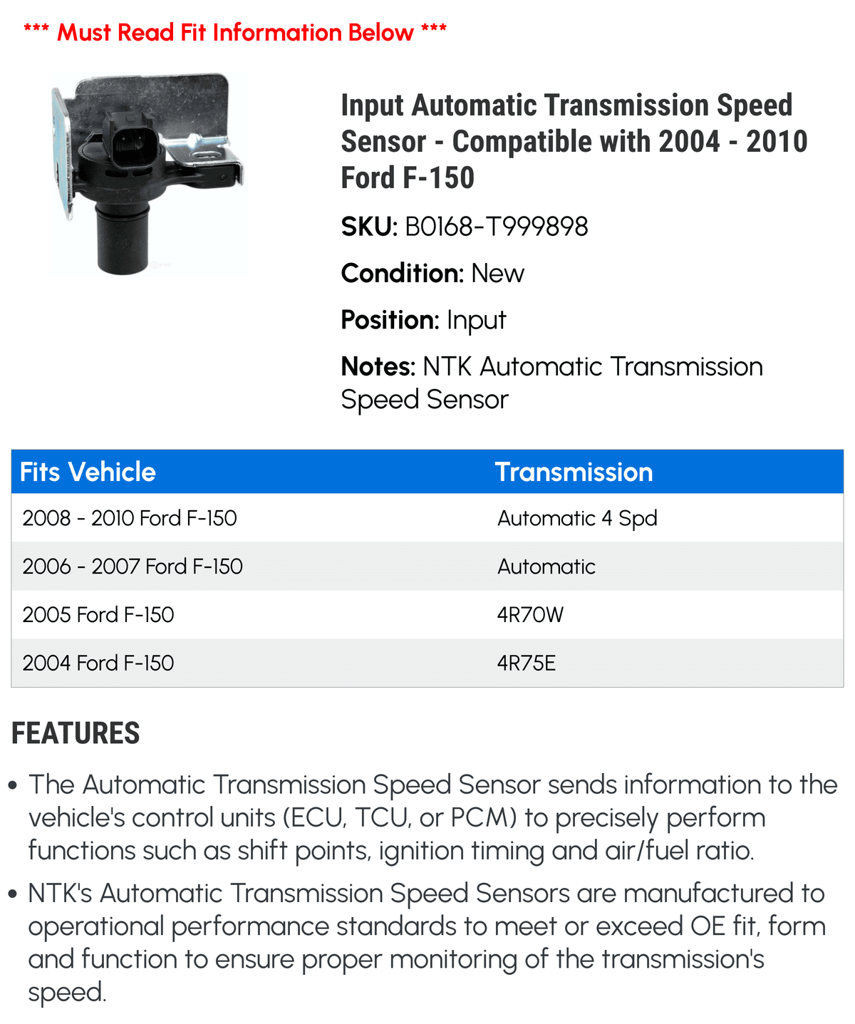 Ford 2009 Transmission 2006 F-150 Input Compatible 2005 2008 Sensor - 2004 2010 Speed - 2007 with Automatic