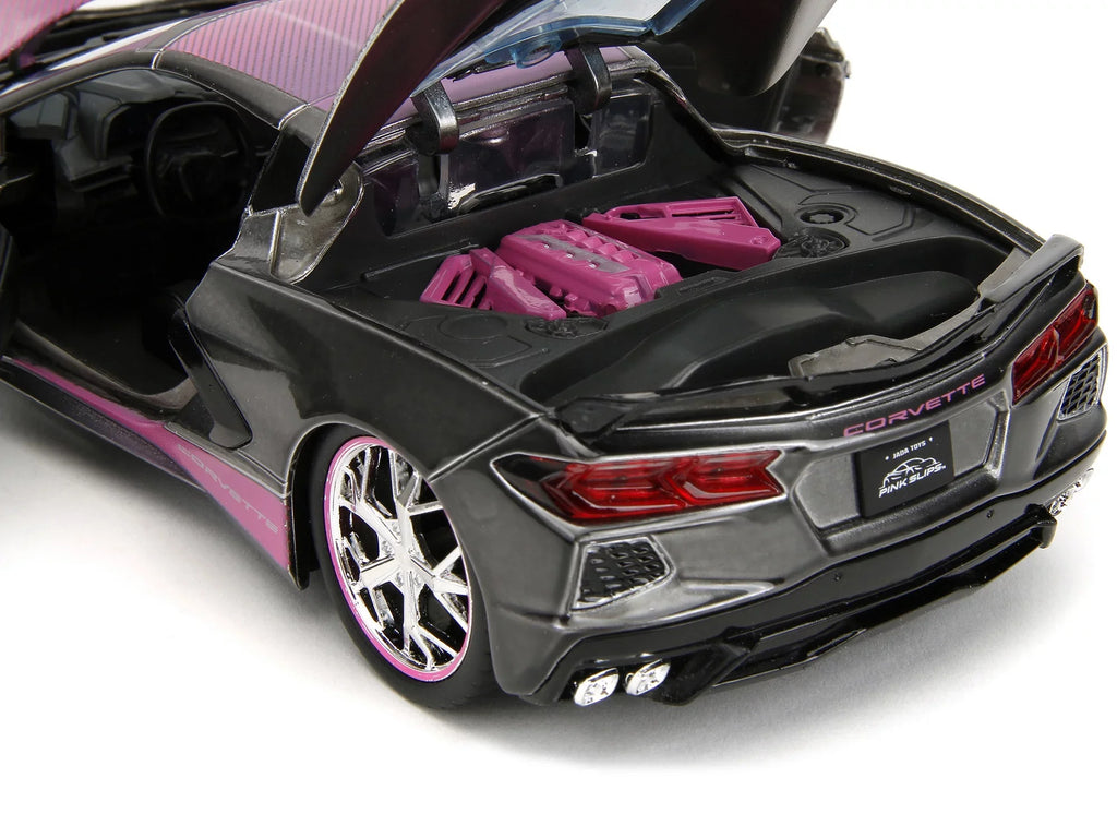 Series Diecast with Hood Top Gray Chevrolet Metallic Carbon Jada 2020 Corvette and Model Pink "Pink Car Slips" Stingray by 1/24
