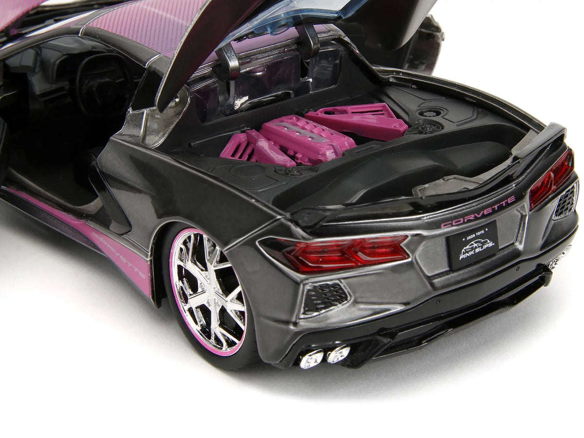 Series Diecast with Hood Top Gray Chevrolet Metallic Carbon Jada 2020 Corvette and Model Pink "Pink Car Slips" Stingray by 1/24