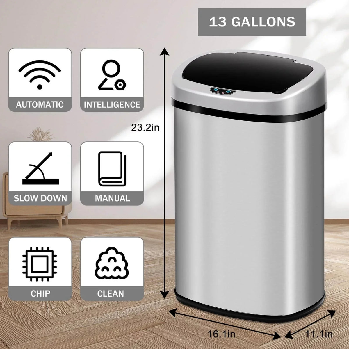 Touch-Free Can Sensor, NiamVelo Steel Kitchen for & Anti-Fingerprint with Designed Office 13 Garbage Lid, Silver Can Mute Stainless Waste Home, Motion Bin with Gallon Automatic Trash