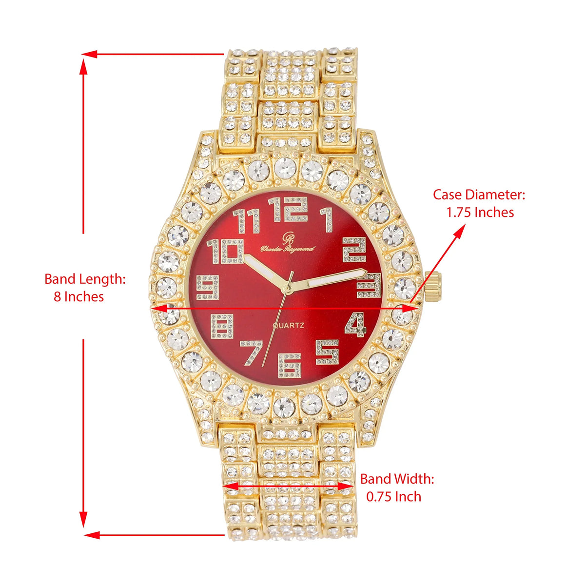 Charles Big raymond Rocks Out Gold Colorful Numerals Hip Hop with Iced Fully Dial Single Mens ST10327AR Watch Blood Red Blinged - Out