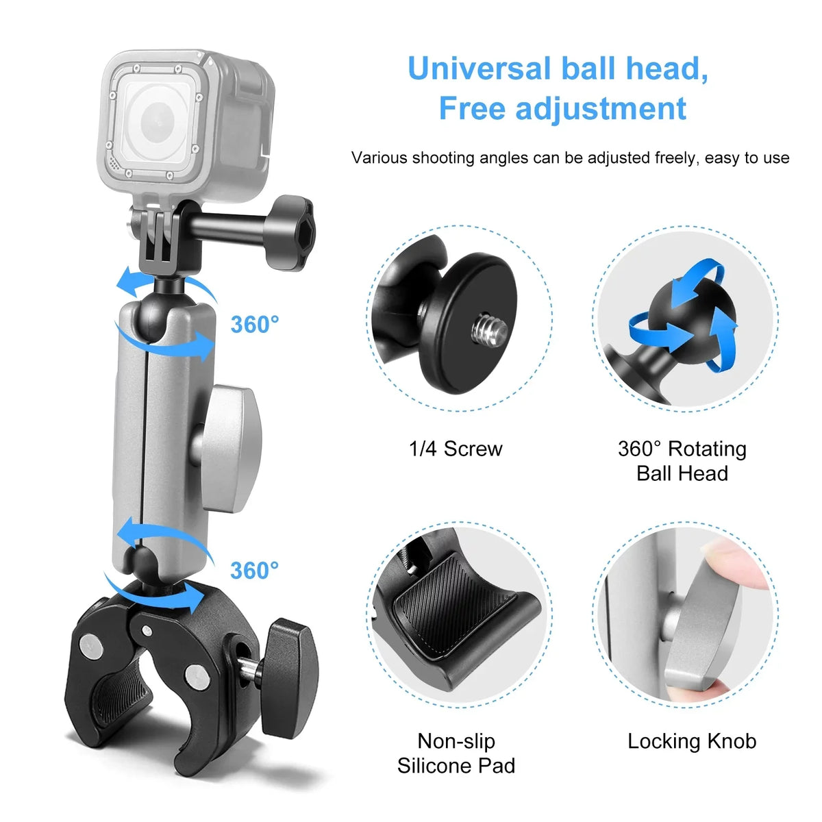 Mount, Ball PULUZ Aluminum Adapter, Clamp PU867B Compatible Alloy Dual Handlebar 11/10/9/8 AKASO DJI Hero Head, Rotatable