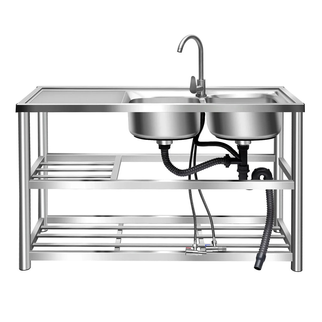 Drainboard w/ Bowls Utility 2 Kitchen Prep Steel Catering Bowl Kitchen w/Faucet Catering Sink Bowl Sink Home Bowls Prep Sink +Shelf Prep Table Catering Kitchen 2 Stainless 304 Commercial Table