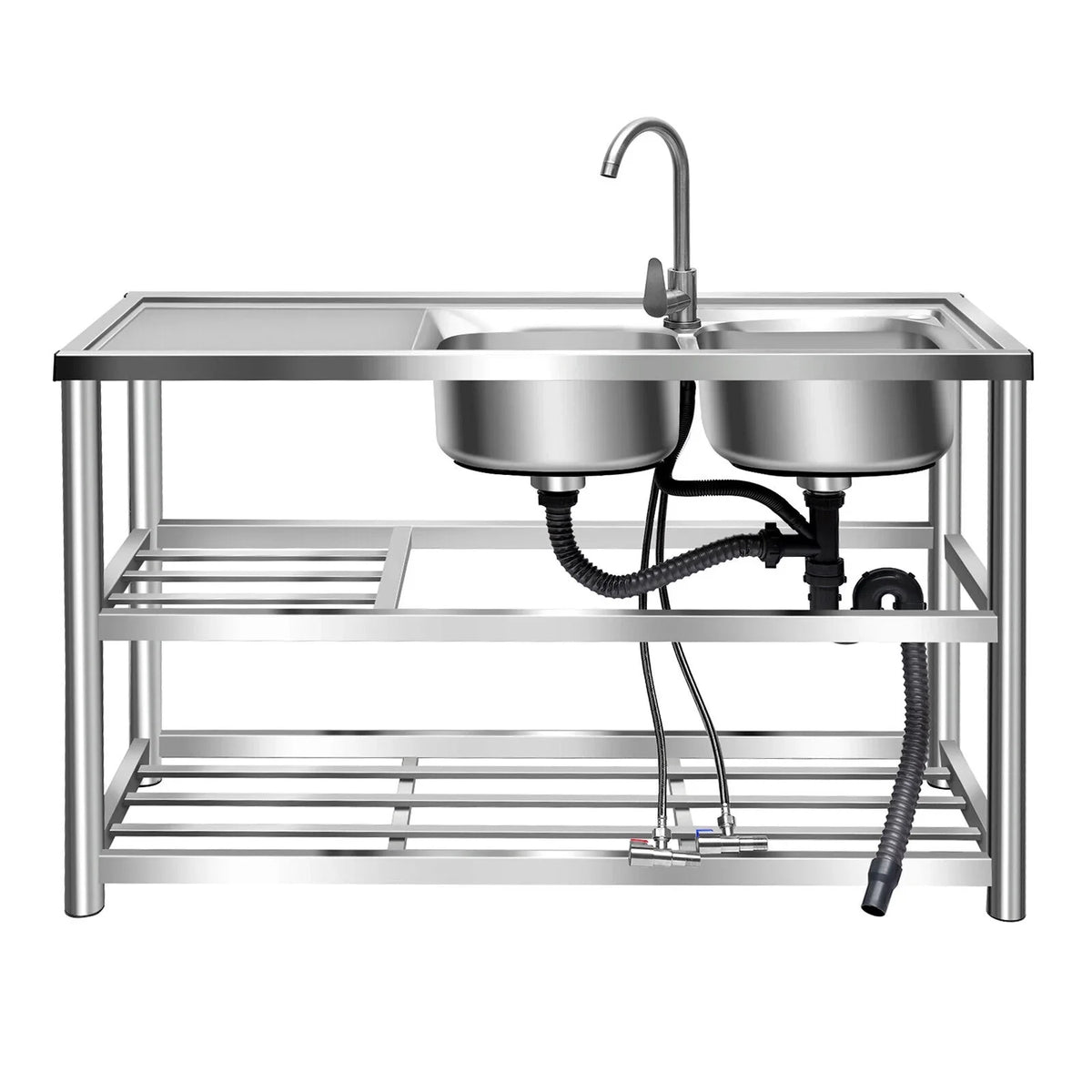 Drainboard w/ Bowls Utility 2 Kitchen Prep Steel Catering Bowl Kitchen w/Faucet Catering Sink Bowl Sink Home Bowls Prep Sink +Shelf Prep Table Catering Kitchen 2 Stainless 304 Commercial Table
