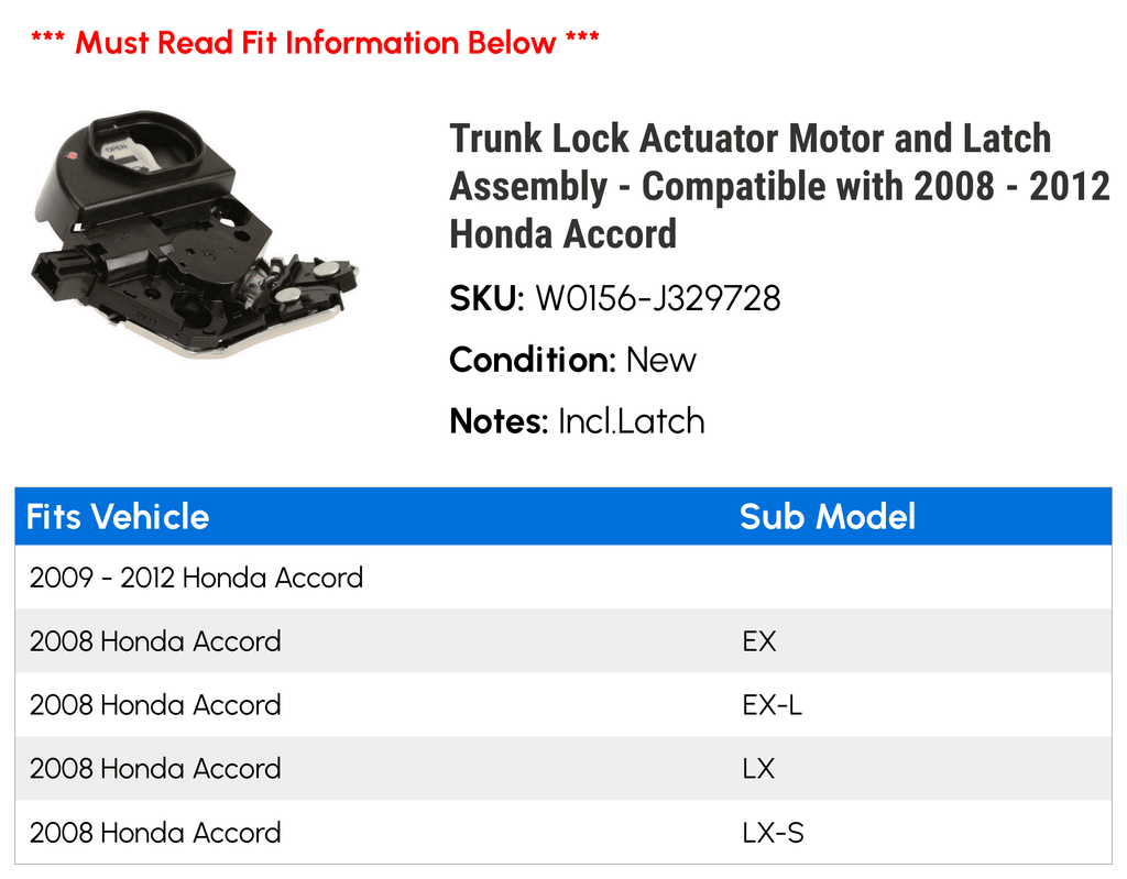 2011 Lock 2008 Trunk Honda Assembly Motor 2010 2009 with Latch Accord - 2012 and Compatible Actuator -