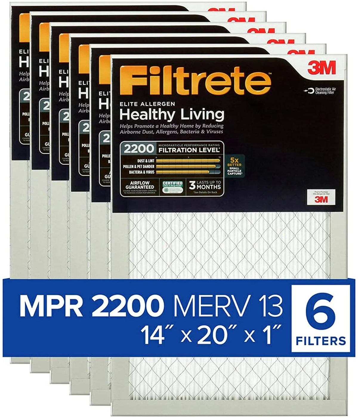 Allergen, Elite dimensions 19.81 (exact Filtrete Furnace Filter, MPR 0.78) 13.81 Air AC Healthy 2200, 14x20x1, x Living x 6-Pack